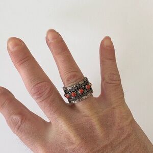 Vintage Mediterranean Pink Red Coral Adjustment Band Tribal Ring